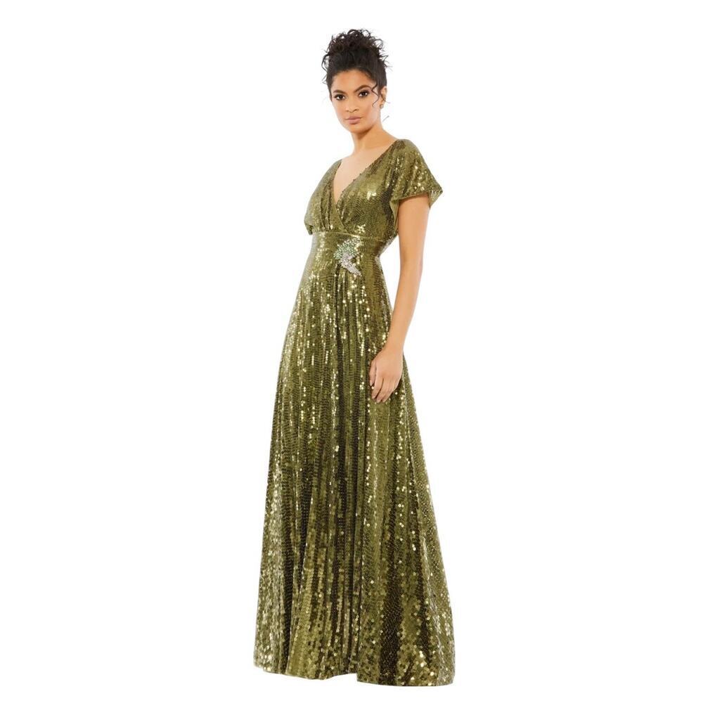 Mac Duggal Olive Green Sequined Butterfly Sleeve Faux Wrap Gown Size 4 $598